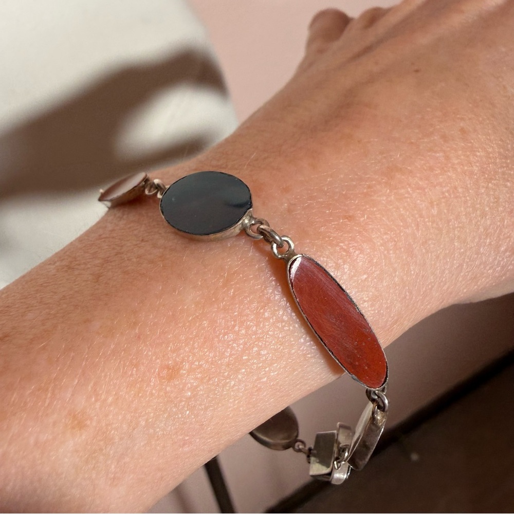 Vintage Art deco Sterling silver Green blood stone carnelian Scottish bracelet